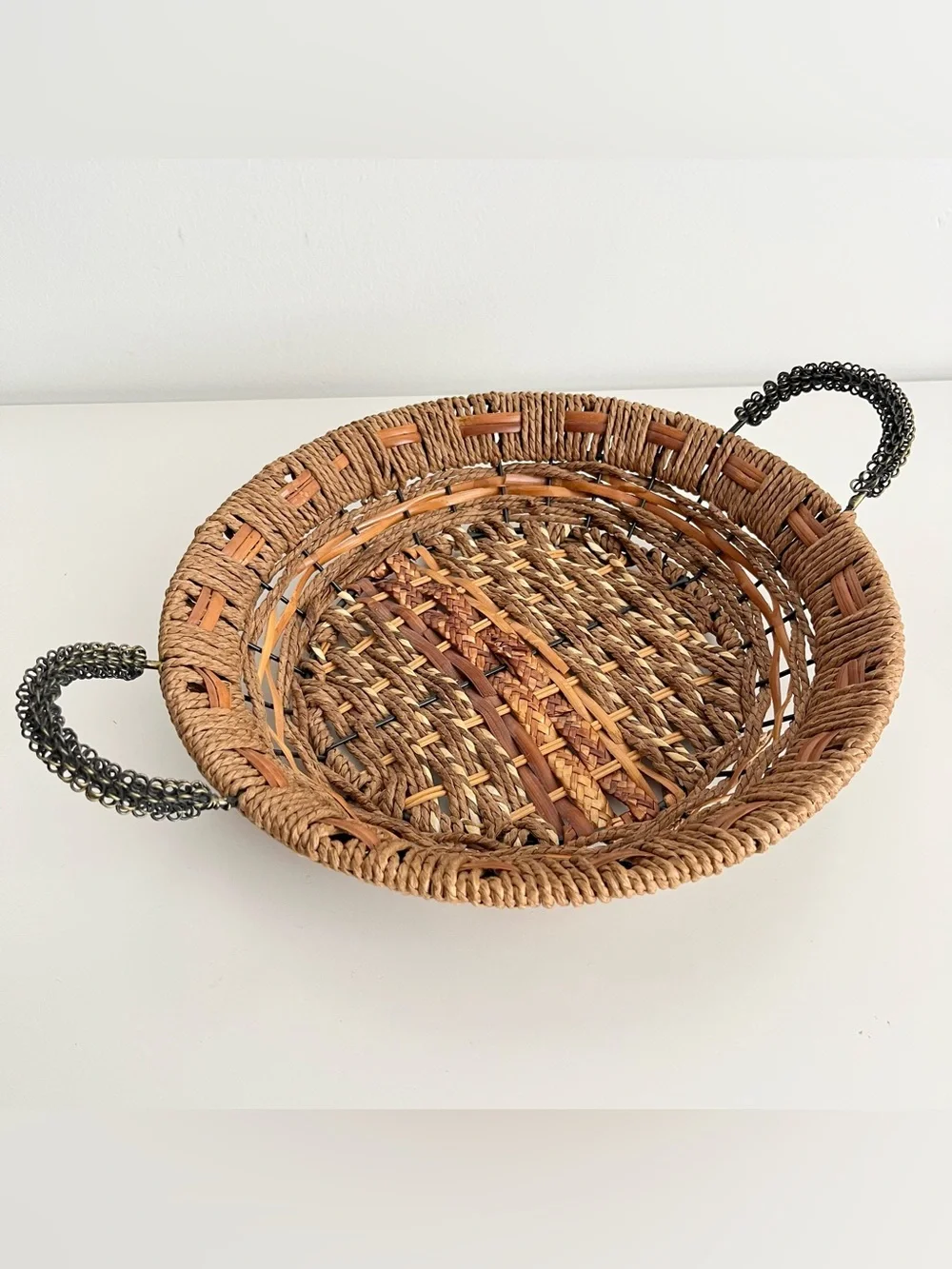 Vintage Handwoven Round Basket Wire Handles Mixed Material 11